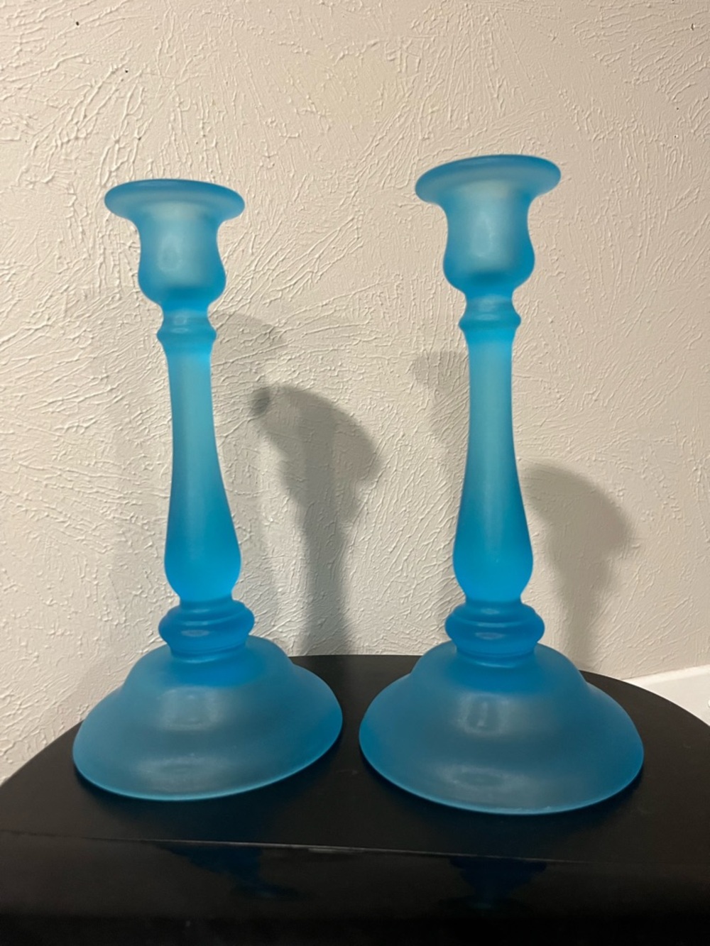 Frosted Blue Glass Candlestick Pair, vintage - Home Accents
